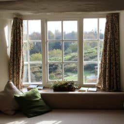Shot of an open window with curtains inside of a house.