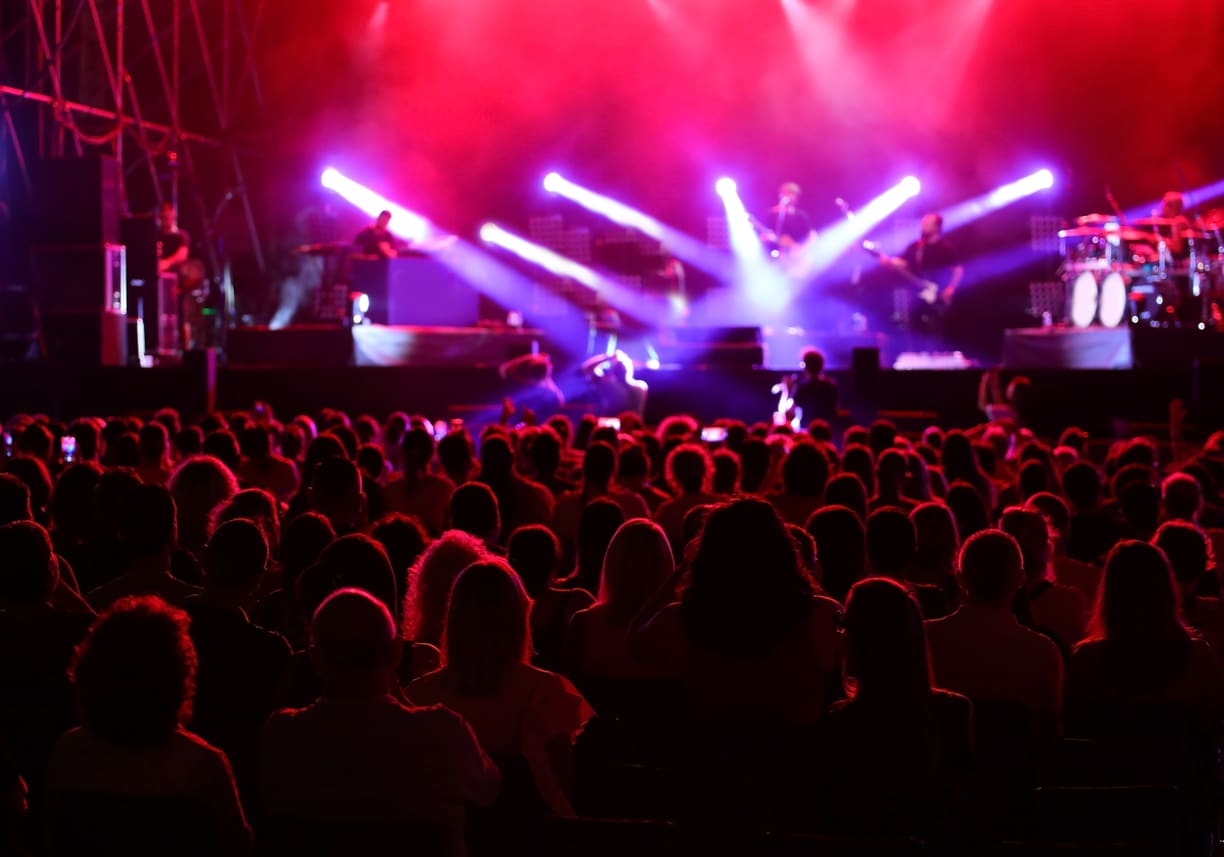 People in the audience spectators during the concert and the band on stage